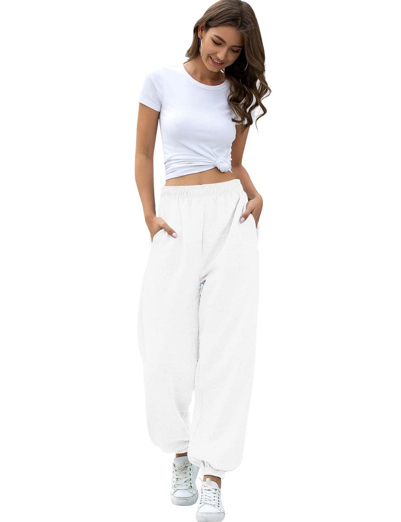 HeSaYep Women's High Waisted Sweatpants Workout Active Joggers Pants Baggy Lounge Bottoms,White L - Image 4